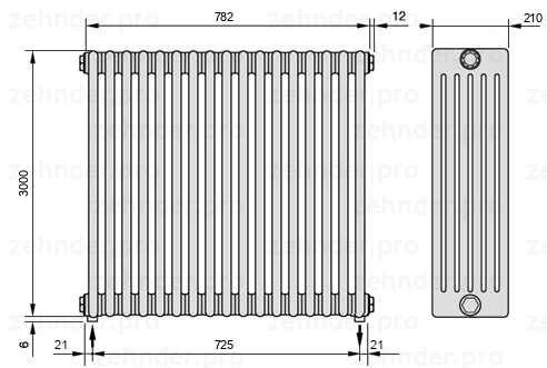 Схема (чертеж) Радиатор Zehnder Charleston 6300/17 №3570 Белый глянцевый RAL 9016